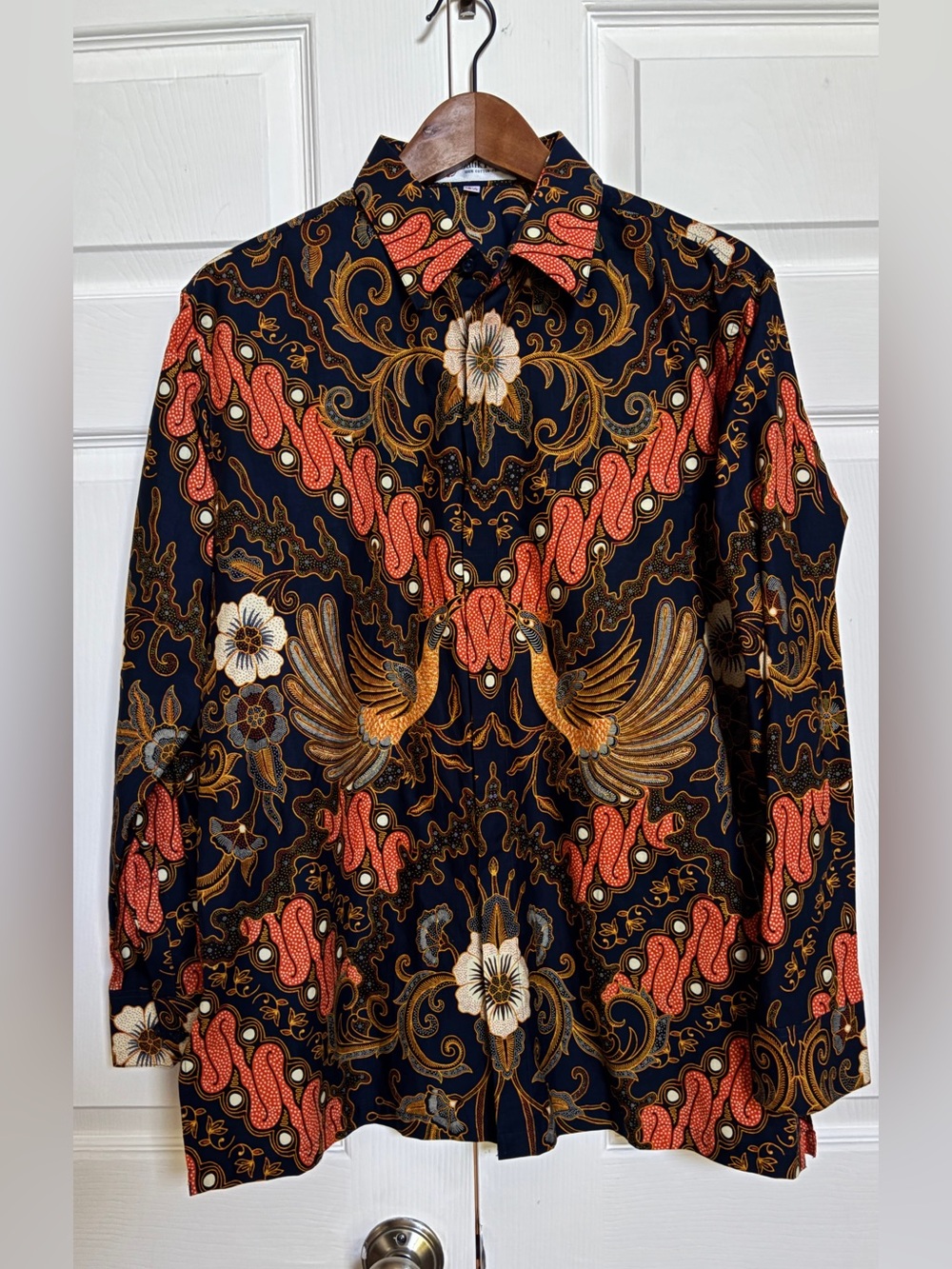Batik Keris Mens 16.5 Shirt Navy Orange Floral Bird Cotton Button Up